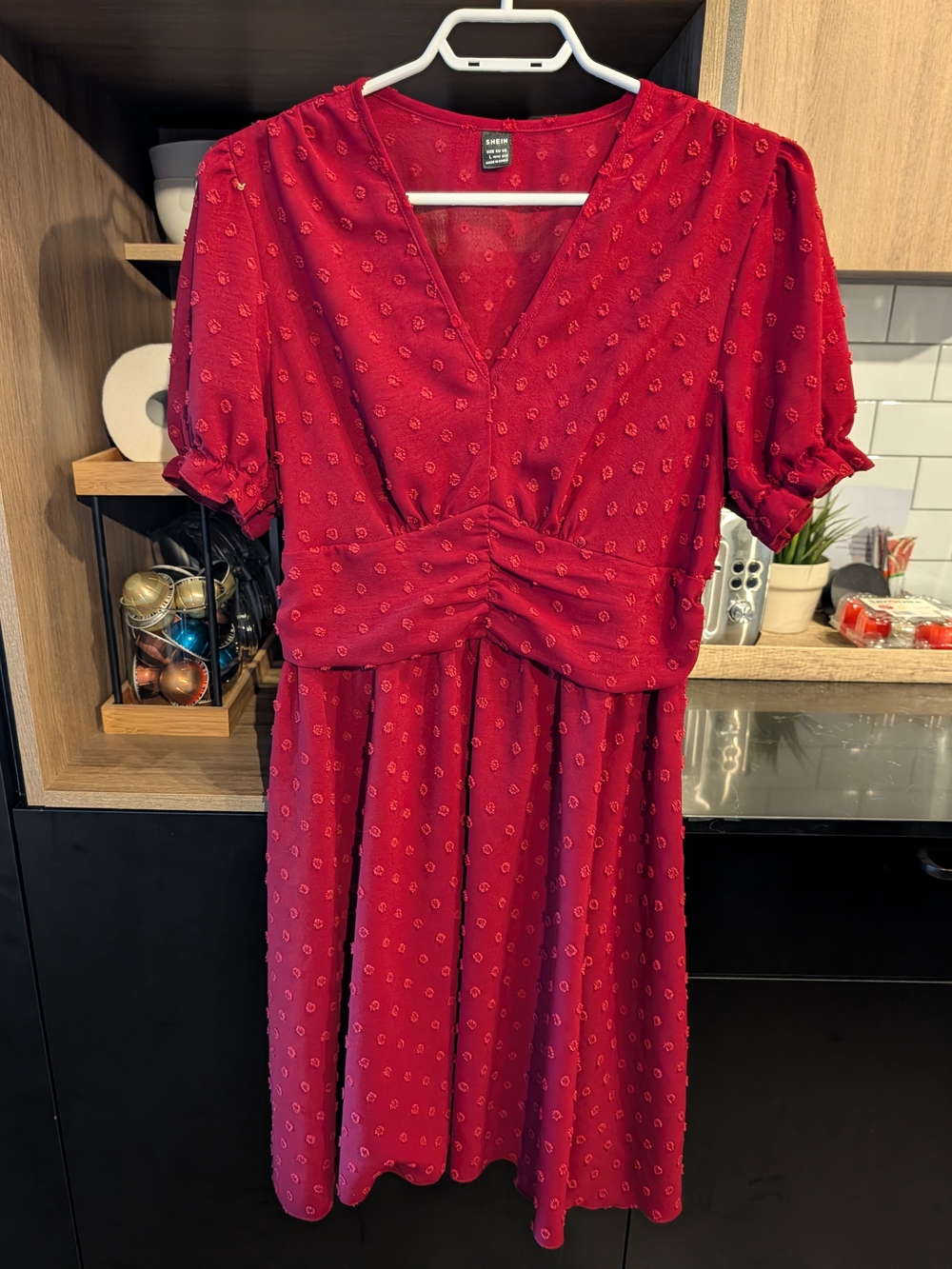 SHEIN Red V-Neck Textured Midi Dress with Puff Sleeves